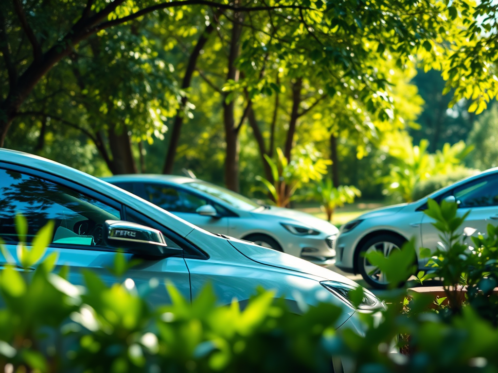 Bir park alanında, farklı renklerde elektrikli araçlar yeşil ağaçların arasında yer almakta.