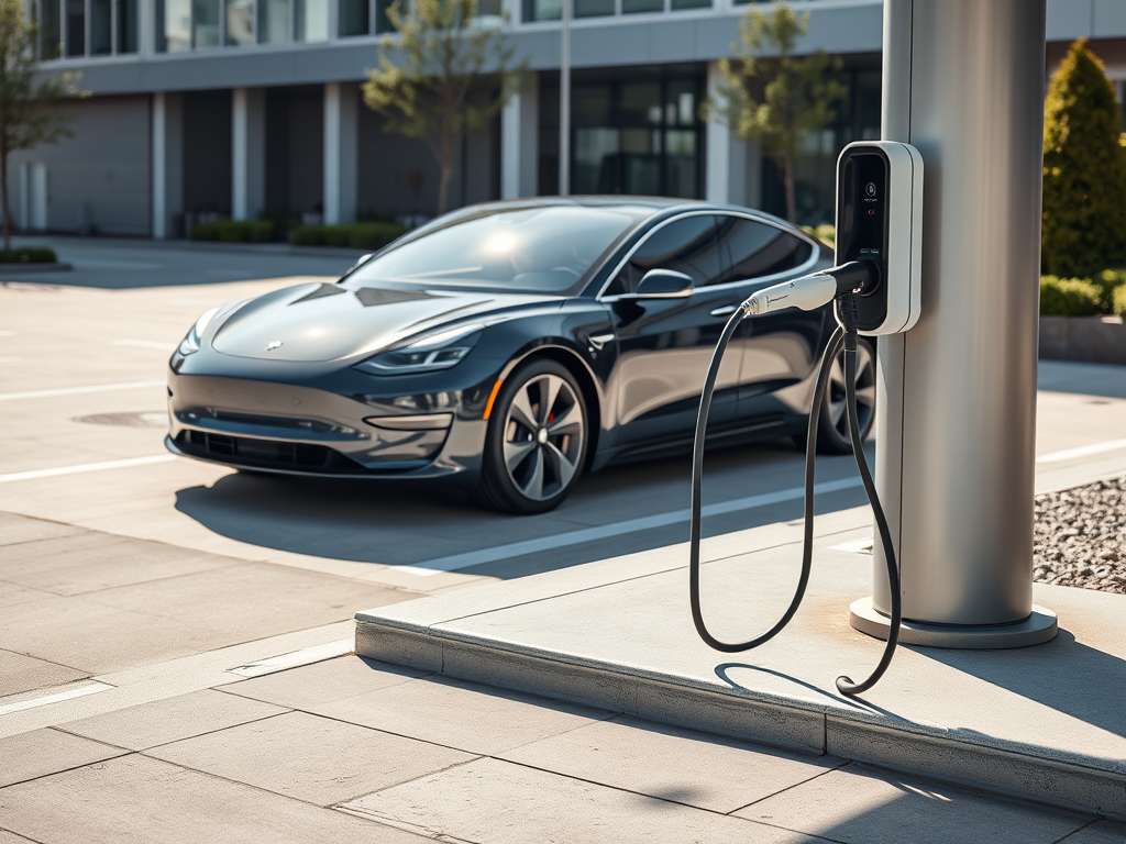 Bir elektrikli aracın şarj olurken görünümü, arkada modern bir bina ve açık bir park alanı ile birlikte.