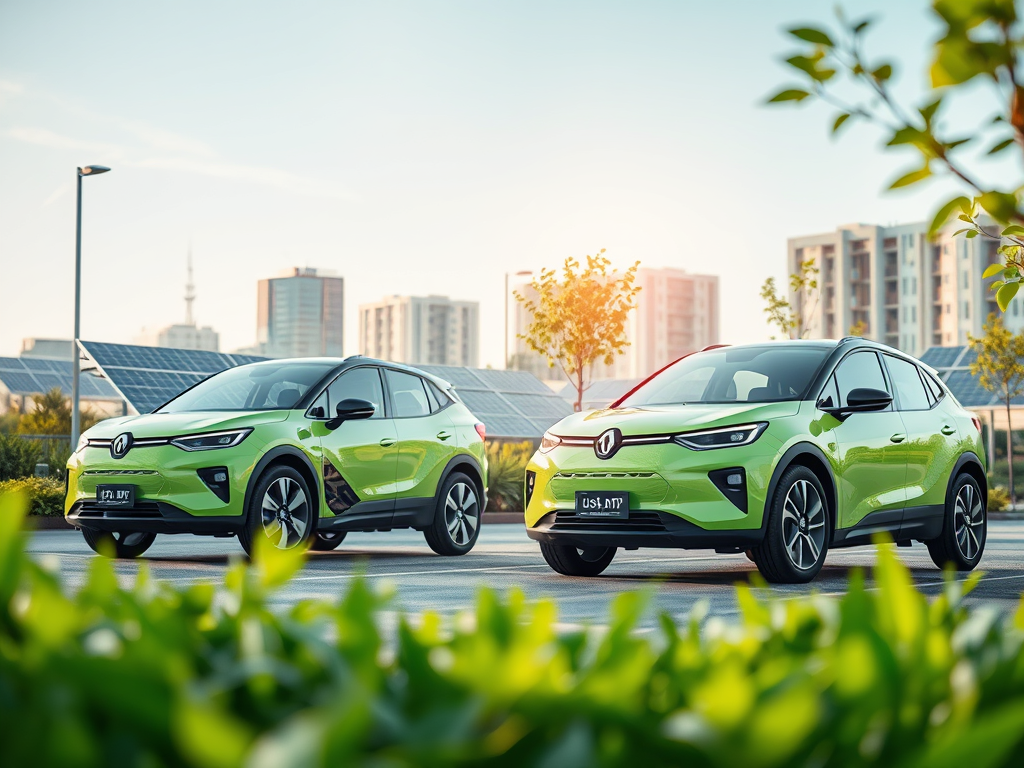 İki adet yeşil elektrikli araç, modern bir şehir manzarası önünde park edilmiş. Arkada güneş panelleri ve yüksek binalar görünmekte.