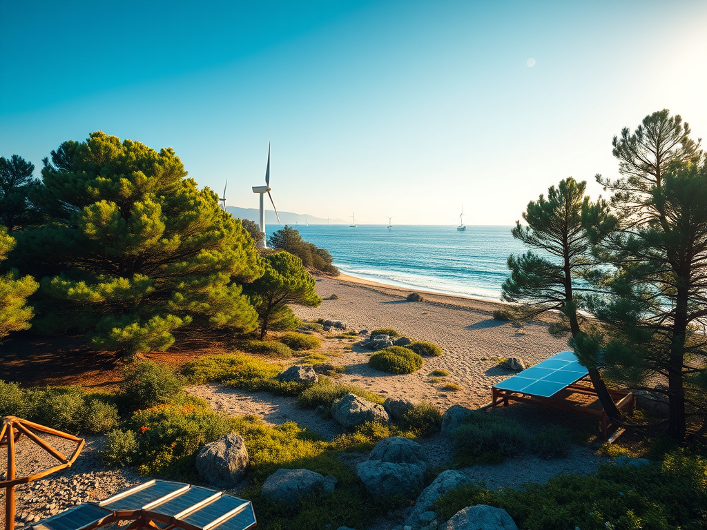 Sakin bir plaj manzarası, arka planda rüzgar türbinleri ve deniz yatları görünmekte. Yeşil çam ağaçları ve güneş enerjisi panelleri plajın yanında yer almakta.