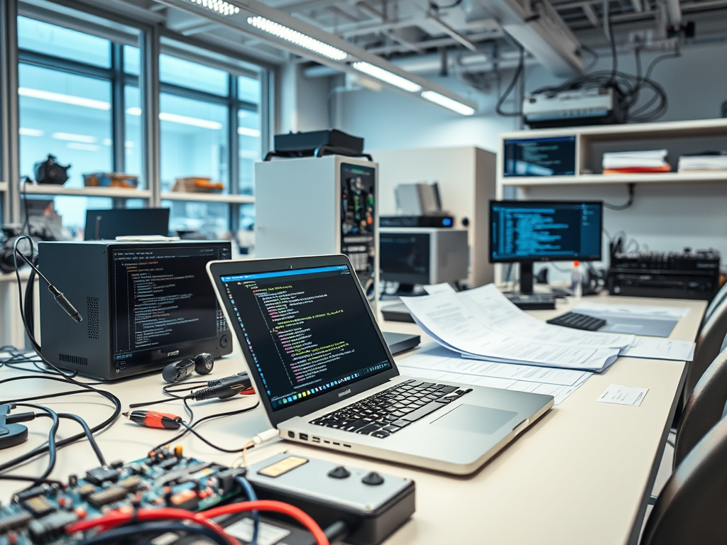 Bir masa üzerinde dizüstü bilgisayar, iki masaüstü bilgisayar, belgeler ve elektronik cihazlar bulunan bir teknoloji laboratuvarı.