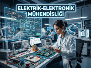 Female engineer testing electronic circuit board with lab equipment