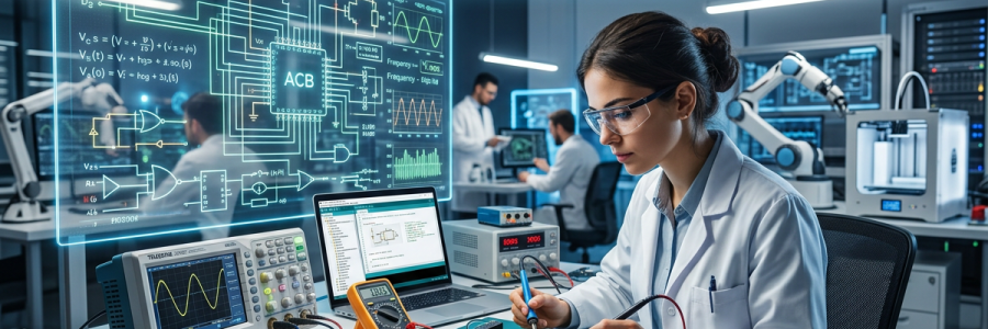 Female engineer testing electronic circuit board with lab equipment